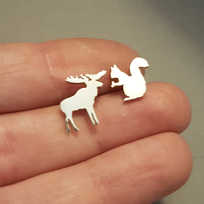 Moose and Squirrel Sterling Silver Handmade Stud Earrings