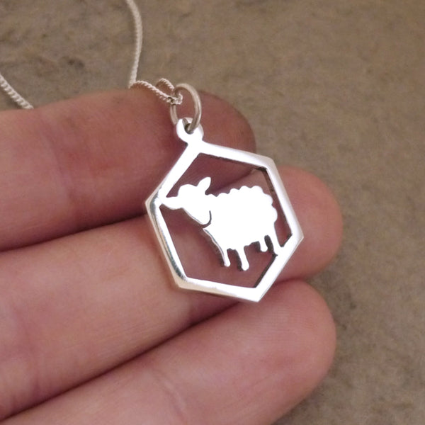 Catan-inspired Sheep in Hexagon Pendant on Chain (Sterling silver)