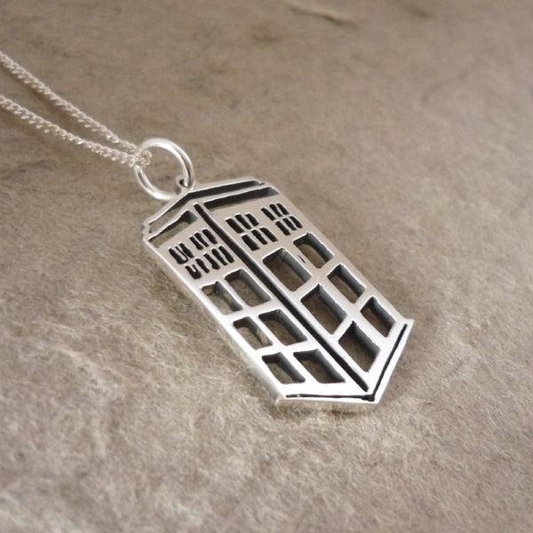 Hand-cut Tardis Sterling Silver Pendant on Chain