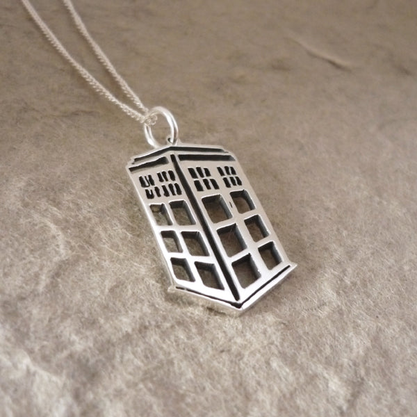 Hand-cut Tardis Sterling Silver Pendant on Chain